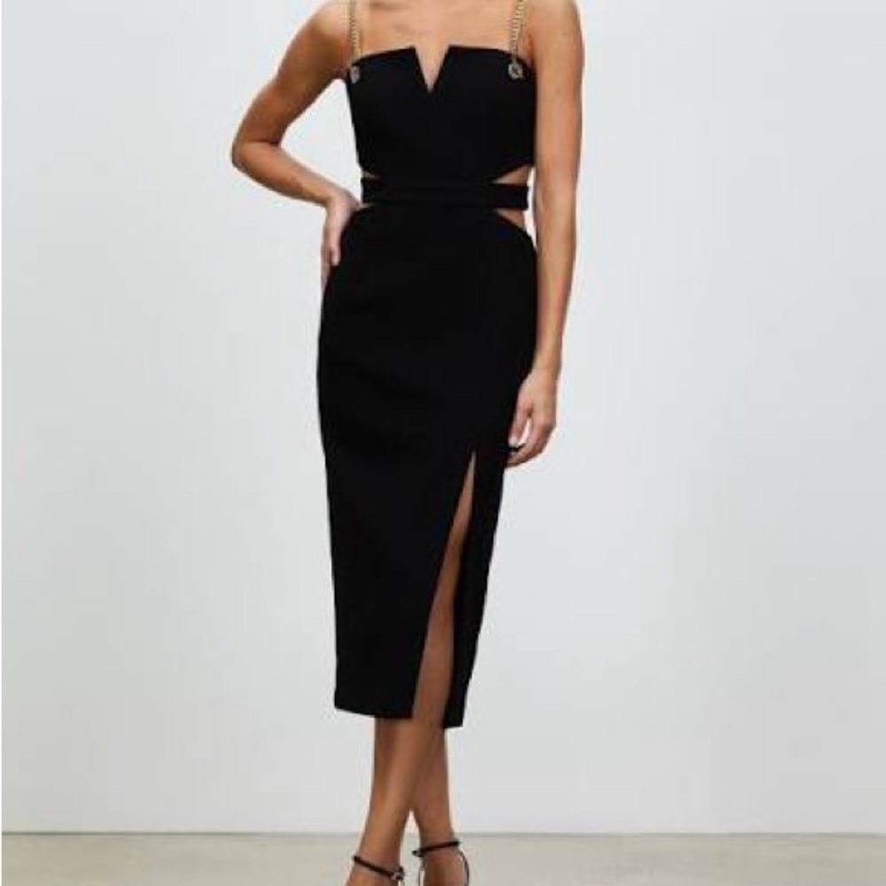 Rebecca Vallance Iman Black Cutout Midi Dress with Gold Chain Straps Sz 2